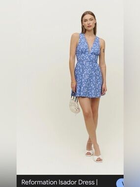 Reformation Blue Floral V-Neck Mini Dress